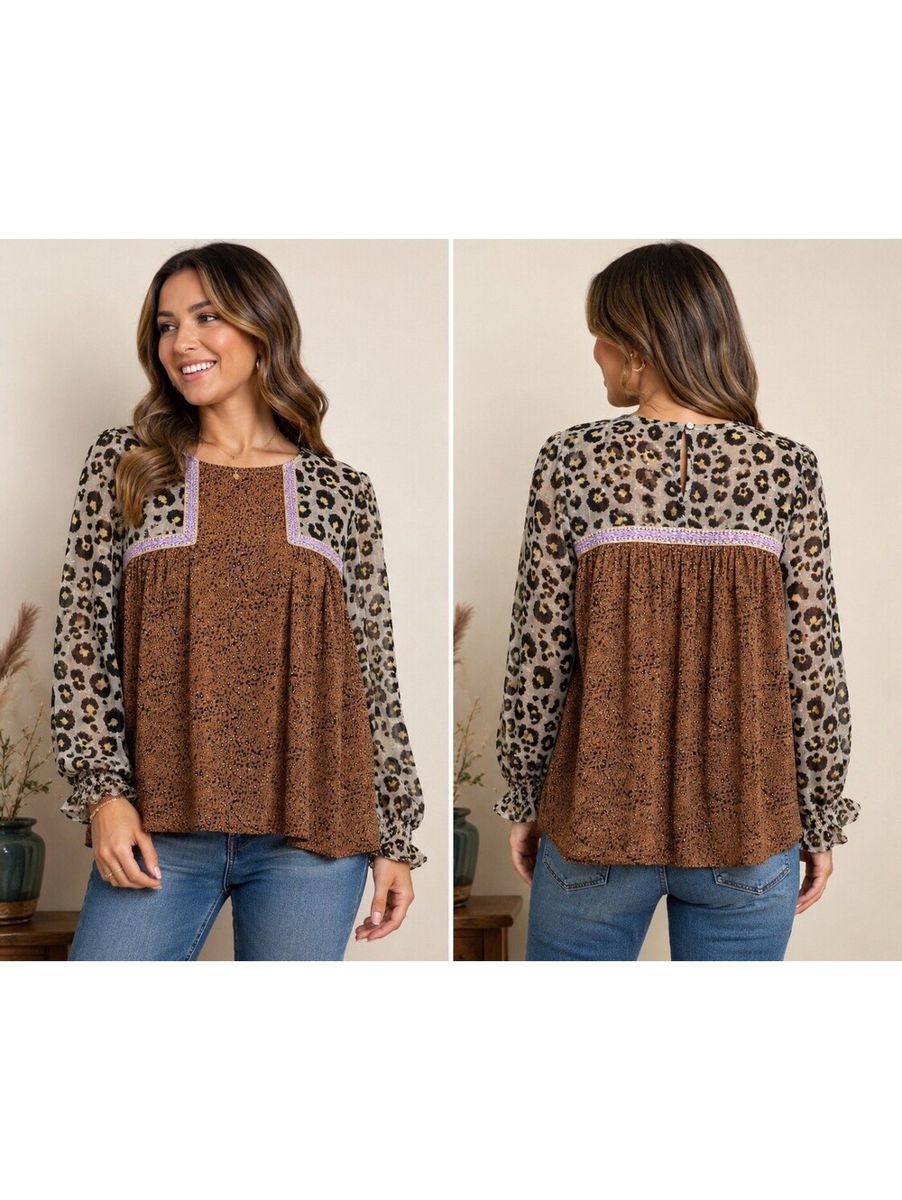 Entro Womens M Mixed Leopard Print Babydoll Tunic Blouse Boho Animal Print